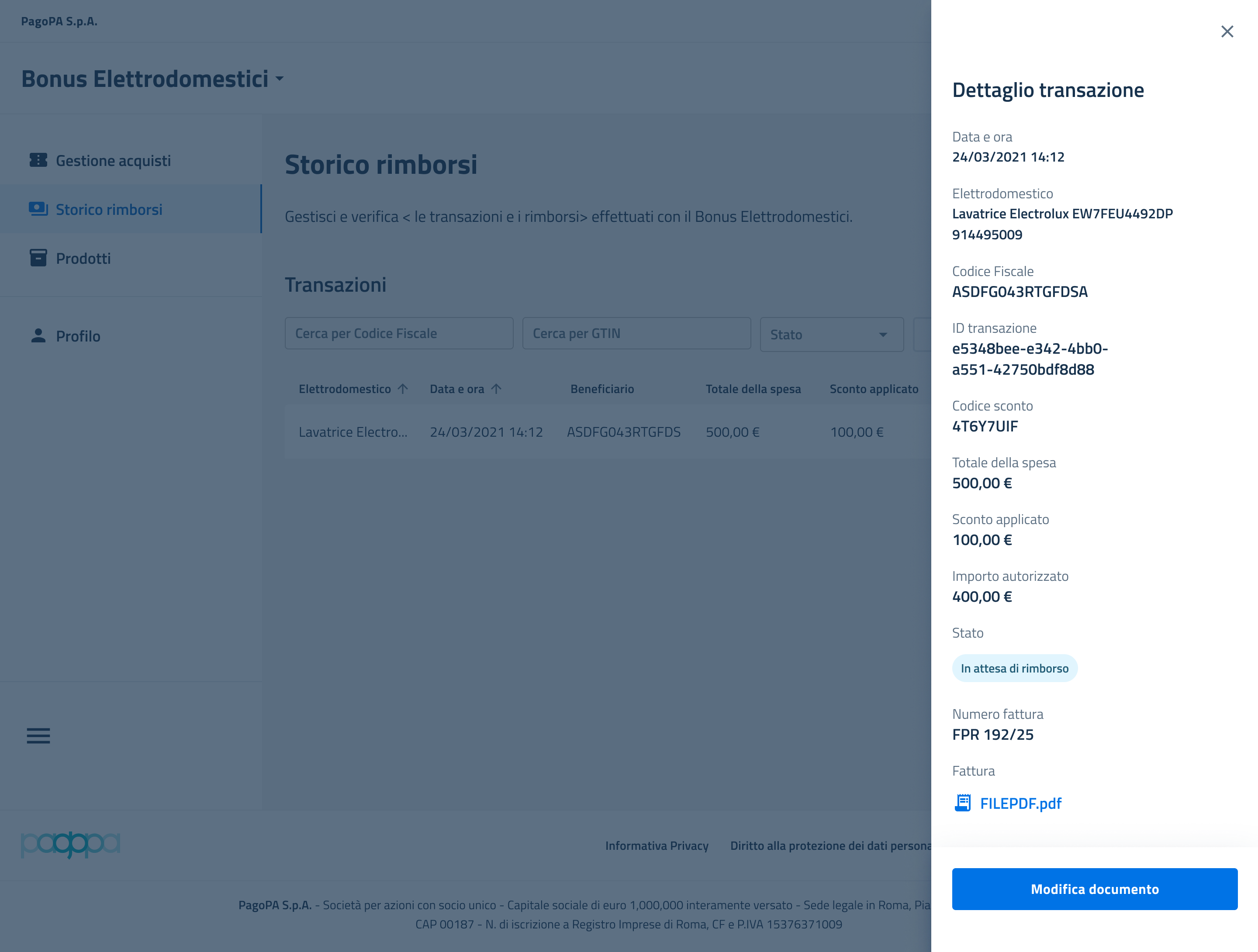 Schermata in cui è possibile modificare una fattura già caricata